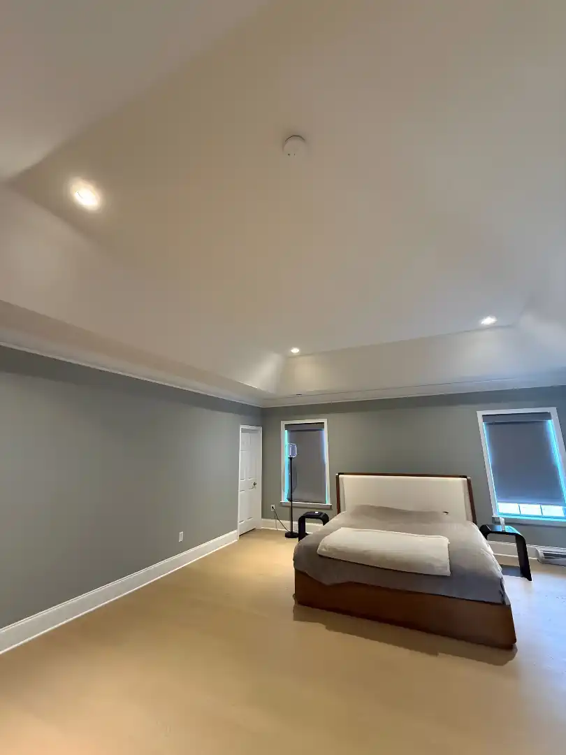 Master bedroom with blue-grey walls and painted vaulted tray ceiling — interior painting by SIB PRO PAINTERS, Bucks County, PA